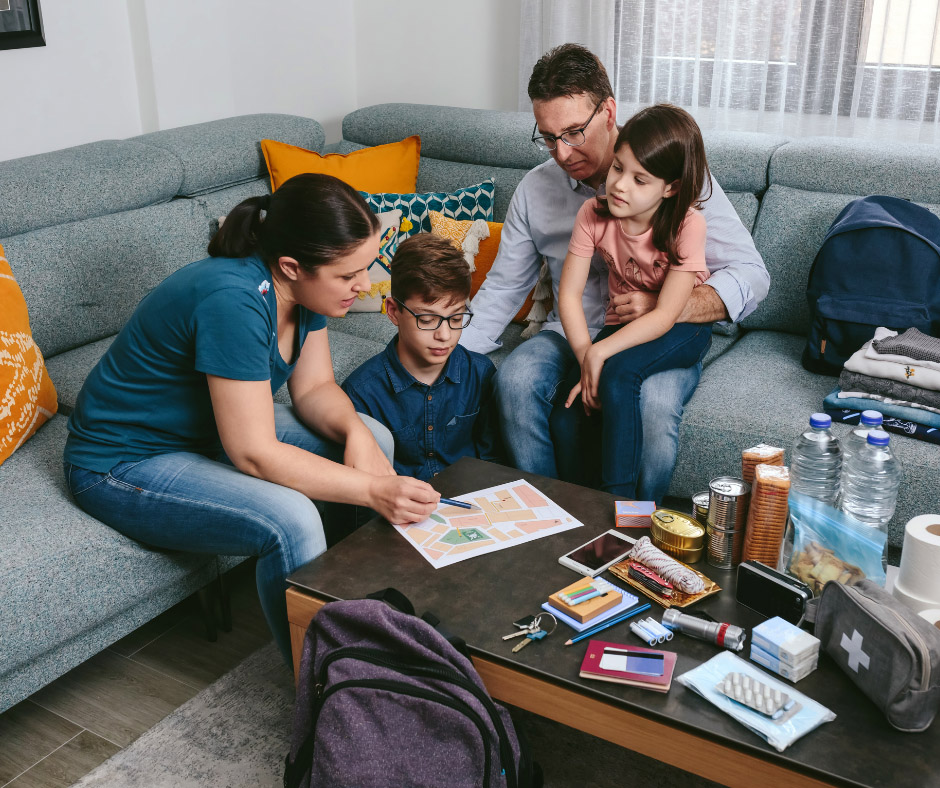 Family preparing an emergency kit and discussing a preparedness plan at home.
