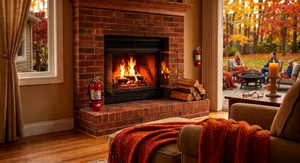 Warm living room interior with a brick fireplace and autumn tree view